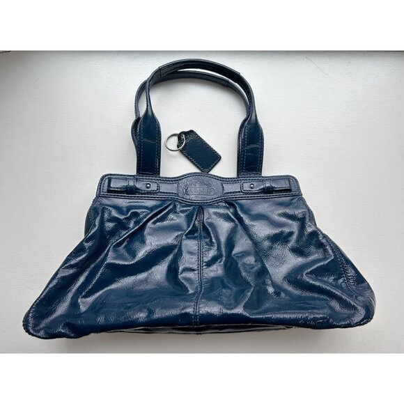 Coach Blue Patent Leather Tote Bag With Silver Turnlock & Keychain Charm - Picture 2 of 16